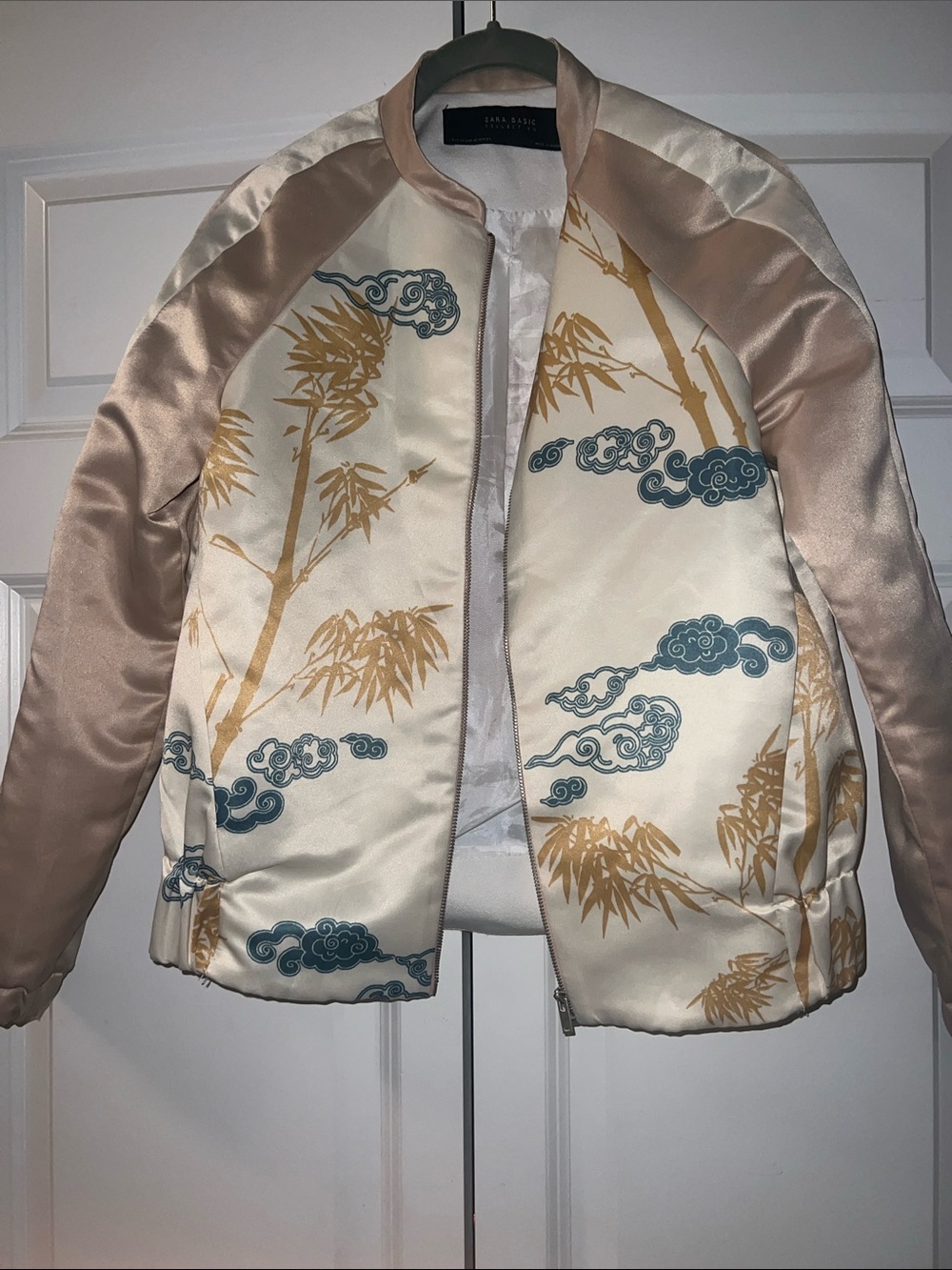 Zara Satin Bomber Jacket in Cream, Beige & Blue